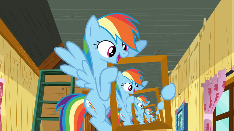 Size: 1920x1080 | Tagged: safe, derpibooru import, edit, edited screencap, screencap, rainbow dash, pegasus, pony, g4, season 8, spoiler:s08, clubhouse, crusaders clubhouse, curtains, droste effect, female, flying, happy, holding, image, inception, ladder, mare, open mouth, picture, picture frame, picture-in-picture, png, recursion, spread wings, the washouts, window, wings