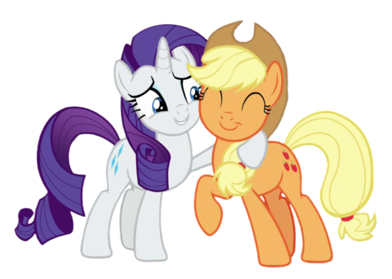 Size: 847x603 | Tagged: safe, derpibooru import, edit, edited screencap, screencap, applejack, rarity, earth pony, pony, unicorn, g4, honest apple, season 7, applejack's hat, cheek to cheek, cowboy hat, duo, female, frens, happy, hat, holding, holding a pony, horn, image, mare, png, raised hoof, simple background, smiling, transparent background