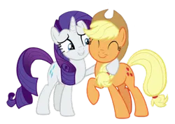 Size: 847x603 | Tagged: safe, derpibooru import, edit, edited screencap, screencap, applejack, rarity, earth pony, pony, unicorn, g4, honest apple, season 7, applejack's hat, cheek to cheek, cowboy hat, duo, female, frens, happy, hat, holding, holding a pony, horn, image, mare, png, raised hoof, simple background, smiling, transparent background