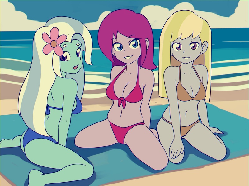 Size: 2455x1841 | Tagged: safe, artist:qsky, artist:strugetdraw, derpibooru import, fuchsia blush, lavender lace, trixie, equestria girls, g4, clothes, image, jpeg, swimsuit, trixie and the illusions