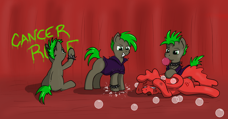 Size: 2520x1312 | Tagged: safe, artist:anonymous, derpibooru import, oc, ponified, pony, g4, abuse, biochemistry, blood, blood cell, blowing bubbles, bubblegum, cancer, cancer cell, chemistry, choker, collar, edgy, female, female oc, food, graffiti, group, gum, il était une fois la vie, image, mare, mare oc, micro, once upon a time life, oxygen, png, pony oc, popping, property damage, punk, quartet, red blood cell, sad, spiked choker, spiked collar, teary eyes, vandalism