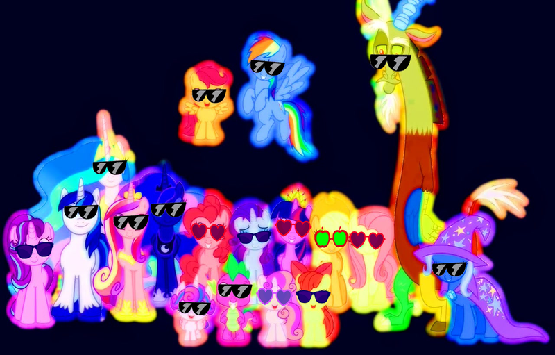 Size: 1280x817 | Tagged: safe, derpibooru import, edit, edited screencap, editor:incredibubbleirishguy, screencap, apple bloom, applejack, discord, fluttershy, pinkie pie, princess cadance, princess celestia, princess flurry heart, princess luna, rainbow dash, rarity, scootaloo, shining armor, spike, starlight glimmer, sweetie belle, trixie, twilight sparkle, twilight sparkle (alicorn), alicorn, draconequus, dragon, pony, g4, to where and back again, adult, alicorn pentarchy, baby, baby alicorn, baby pony, blue background, cutie mark crusaders, dark background, dark blue background, female, filly, foal, glow, glowing pony, image, mane seven, mane six, night, png, scootaloo can fly, simple background, sunglasses, teenager, winged spike, wings