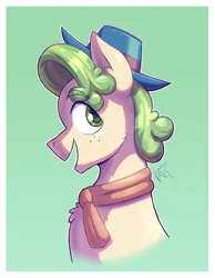 Size: 2117x2727 | Tagged: safe, artist:bkiltersot, derpibooru import, pistachio, pony, g4, bust, clothes, freckles, fur, green background, green eyes, green mane, hat, image, male, open mouth, open smile, png, side view, simple background, smiling, solo, stallion