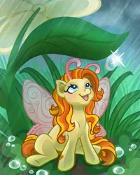 Size: 1800x2250 | Tagged: safe, artist:sparkytopia, derpibooru import, zipzee, breezie, pony, g3, antennae, fairy wings, female, flower, image, leaf, looking up, mare, open mouth, open smile, orange hair, outdoors, png, rain, small pony, smiling, smol, solo, water, wings, yellow coat