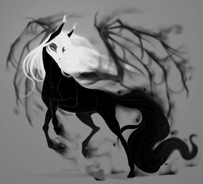 Size: 2048x1862 | Tagged: oc name needed, safe, artist:dementra369, derpibooru import, oc, unofficial characters only, pony, black and white, grayscale, hoers, image, jpeg, monochrome, realistic horse legs, simple background, smoke, solo