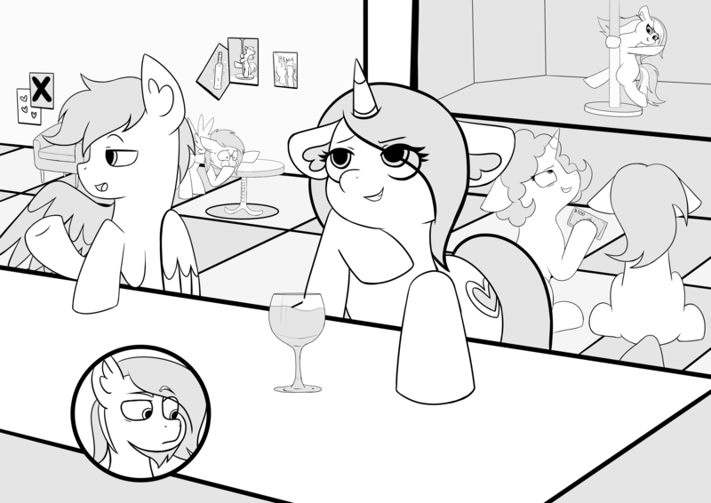 Size: 4960x3508 | Tagged: suggestive, artist:mashee, derpibooru import, oc, oc:mashee, pegasus, pony, unicorn, alcohol, angry, bartender, beard, charm, club, comic, comic style, couples, cute, drink, facial hair, flirting, glass, horn, image, many many pony, meme, money, monochrome, picture, png, pole, pole dancing, pub, sex club, stage, stripper, stripper pole, unfinished art, vomit, vomiting, wine, wine glass, wings