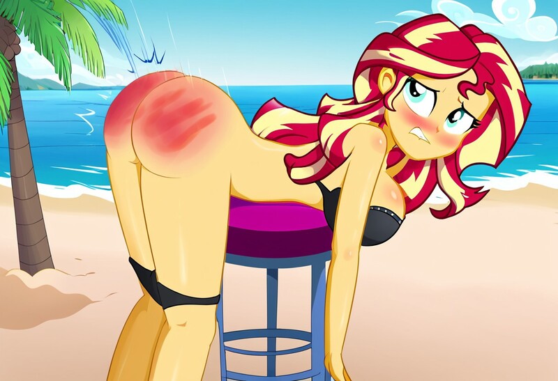 Size: 1216x832 | Tagged: suggestive, ai content, machine learning generated, prompter:desconhecido2000, sunset shimmer, human, equestria girls, ass, beach, blushing, breasts, bunset shimmer, busty sunset shimmer, butt, image, jpeg, spank mark, spanked, stool