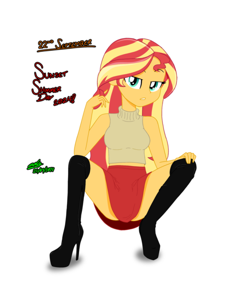 Size: 1920x2560 | Tagged: suggestive, artist:gibsterboy5, derpibooru import, sunset shimmer, human, equestria girls, g4, adorasexy, ass, bare shoulders, beautisexy, bedroom eyes, black shoes, boots, breasts, butt, cleavage, clothes, cute, digital art, female, hand on leg, high heel boots, high heels, image, looking at you, midriff, platform boots, platform heels, platform shoes, png, sexy, shoes, signature, simple background, skirt, sleeveless, sleeveless sweater, solo, squatting, stiletto heels, sunset shimmer day, sweater, tanktop, text, transparent background, turtleneck