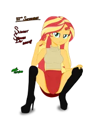 Size: 1920x2560 | Tagged: suggestive, artist:gibsterboy5, derpibooru import, sunset shimmer, human, equestria girls, g4, adorasexy, ass, bare shoulders, beautisexy, bedroom eyes, black shoes, boots, breasts, butt, cleavage, clothes, cute, digital art, female, hand on leg, high heel boots, high heels, image, looking at you, midriff, platform boots, platform heels, platform shoes, png, sexy, shoes, signature, simple background, skirt, sleeveless, sleeveless sweater, solo, squatting, stiletto heels, sunset shimmer day, sweater, tanktop, text, transparent background, turtleneck