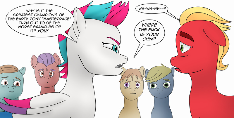 Size: 2969x1500 | Tagged: safe, artist:anonymousandrei, derpibooru import, sprout cloverleaf, zipp storm, ponified, earth pony, pegasus, pony, g5, derpibooru exclusive, dialogue, female, image, jpeg, male, mare, meme, parody, ponified meme, pony racism, preacher(comics), racism, speech bubble, sprout gets what's coming to him, stallion, talking, text, vulgar