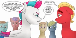 Size: 2969x1500 | Tagged: safe, artist:anonymousandrei, derpibooru import, sprout cloverleaf, zipp storm, ponified, earth pony, pegasus, pony, g5, derpibooru exclusive, dialogue, female, image, jpeg, male, mare, meme, parody, ponified meme, pony racism, preacher(comics), racism, speech bubble, sprout gets what's coming to him, stallion, talking, text, vulgar