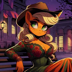 Size: 1024x1024 | Tagged: safe, ai content, derpibooru import, machine learning generated, prompter:glimmy-glam, applejack, anthro, earth pony, g4, applejack's hat, bench, breasts, busty applejack, cleavage, clothes, corset, cowboy hat, curly hair, dress, freckles, generator:bing image creator, generator:dall-e 3, gloves, hat, image, jpeg, lamp, looking sideways, sitting, skirt, window