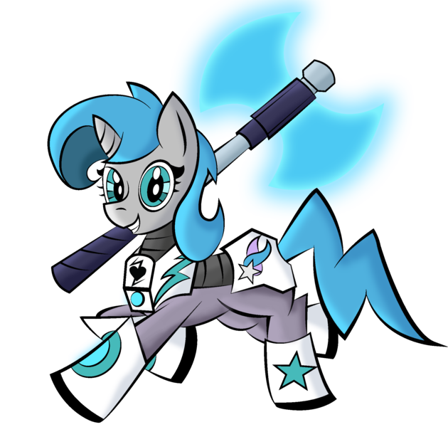 Size: 2004x1910 | Tagged: safe, artist:vareb, derpibooru import, oc, oc:tango starfall, unofficial characters only, pony, unicorn, armor, axe, blue eyes, blue mane, blue tail, boots, clothes, female, gray coat, horn, image, laser axe, mare, png, power armor, prancing, shoes, simple background, smiling, solo, tail, transparent background, weapon