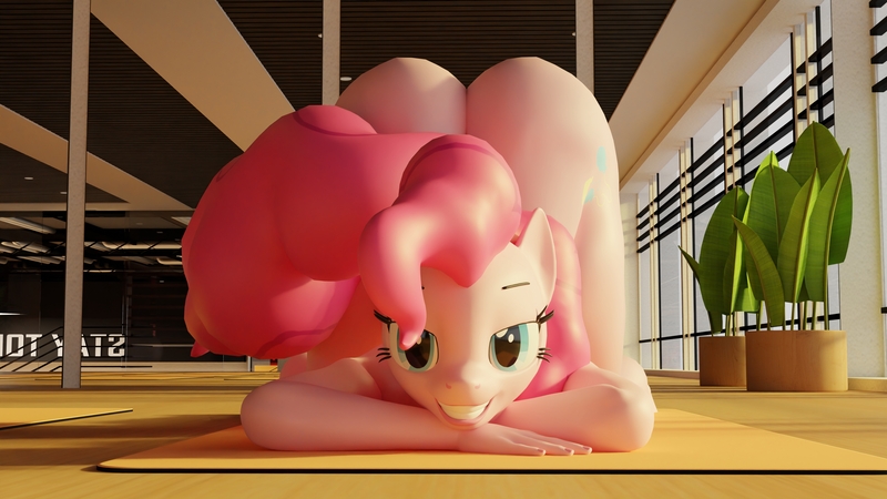 Size: 3840x2160 | Tagged: questionable, artist:skippyarts, derpibooru import, pinkie pie, anthro, earth pony, g4, 3d, balloonbutt, blender, blender cycles, butt, face down ass up, female, grin, image, jpeg, large butt, looking at you, smiling, solo, solo female, yoga, yoga mat