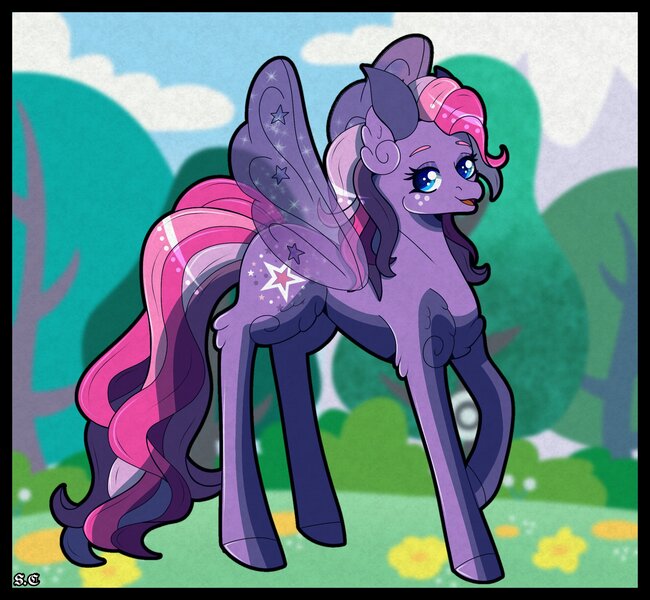 Size: 2130x1967 | Tagged: safe, artist:silent shadow, derpibooru import, starsong, pegasus, pony, g3, female, g3.5, image, jpeg, long legs, looking to the left, mare, raised hoof, screencap background, sideways glance, smiling, solo, solo female, standing on three hooves, three toned mane, transparent wings, wings