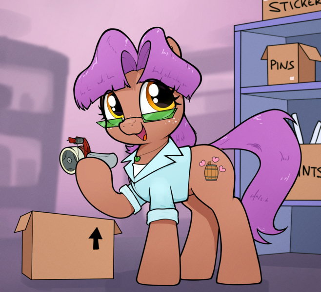 Size: 2590x2362 | Tagged: safe, artist:whiskeypanda, derpibooru import, oc, oc:rummy cup, unofficial characters only, earth pony, box, clothes, earth pony oc, image, jewelry, open mouth, png, smiling, sunglasses, tape, vest, warehouse