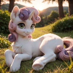 Size: 1024x1024 | Tagged: safe, ai content, anonymous prompter, derpibooru import, machine learning generated, prompter:bloodwood, sweetie belle, pony, unicorn, chest fluff, crepuscular rays, cute, detailed, ear fluff, female, filly, fluffy, foal, grass, horn, image, looking at you, lying down, mountain, no cutie marks yet, photorealistic, png, prone, realistic, smiling, solo, tree, underhoof