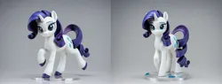 Size: 4032x1536 | Tagged: safe, ai content, anonymous prompter, derpibooru import, machine learning generated, rarity, pony, unicorn, comparison, figurine, gemstones, hoof polish, horn, image, jpeg, photorealistic, raised hoof, realistic, smiling, solo, unshorn fetlocks