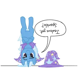 Size: 1920x1920 | Tagged: safe, artist:_butterscotch, derpibooru import, trixie, pony, unicorn, g4, cape, clothes, female, hat, horn, hornstand, image, mare, png, solo, trixie's cape, trixie's hat, upside down, upside down text