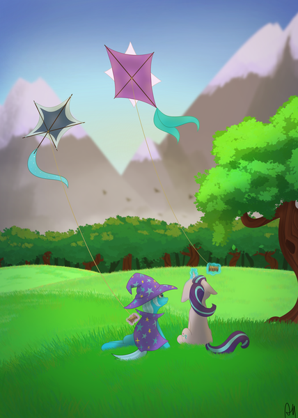 Size: 3638x5102 | Tagged: safe, artist:azilluwu, derpibooru import, starlight glimmer, trixie, pony, unicorn, duo, female, field, forest, glow, glowing horn, horn, image, kite, kite flying, magic, mare, mountain, mountain range, nature, png, telekinesis, tree