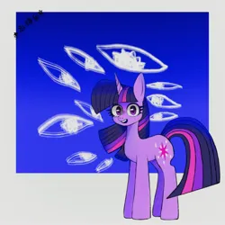 Size: 3148x3148 | Tagged: safe, artist:love-cat68, derpibooru import, twilight sparkle, pony, unicorn, blue background, eye, eyes, female, gradient background, gray background, horn, image, jpeg, looking at you, mare, open mouth, patterned background, simple background, solo, text, two toned background