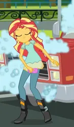 Size: 751x1284 | Tagged: safe, derpibooru import, edit, edited screencap, screencap, sunset shimmer, equestria girls, g4, boots, clothes, female, high heel boots, high heels, image, jpeg, leggings, shoes, skirt, smiling