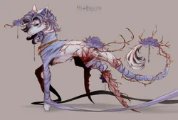 Size: 1088x735 | Tagged: grimdark, artist:mystery-lou, derpibooru import, oc, oc:vasilisk floret, unofficial characters only, pony, unicorn, bandage, blade legs, blood, body horror, cheek fluff, clothes, ear piercing, earring, flower, gray background, horn, horn jewelry, image, jewelry, leonine tail, male, piercing, png, simple background, solo, stallion, substrate body, tail, vine