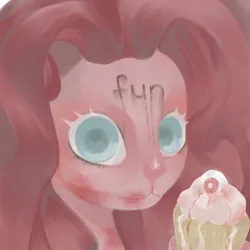 Size: 1280x1280 | Tagged: semi-grimdark, artist:pinalatty, derpibooru import, pinkie pie, rabbit, g4, animal, body writing, cannibalism, cleft lip, cupcake, eyeball, female, food, image, png, solo, species swap