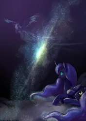 Size: 2059x2912 | Tagged: safe, artist:shu-jeantte, derpibooru import, princess luna, alicorn, pony, g4, cloud, curved horn, cutie mark, ethereal mane, female, flying, galaxy, horn, image, large wings, looking at you, looking back, looking back at you, lying down, mare, png, prone, solo, space, starry mane, stars, wings