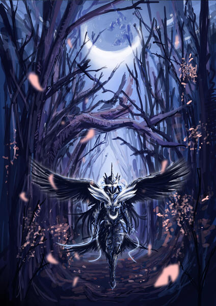 Size: 2059x2912 | Tagged: safe, artist:uzukinokaze, derpibooru import, princess luna, human, g4, armor, badass, female, forest, glow, glowing eyes, humanized, image, jpeg, moon, nature, night, petals, solo, tree, winged humanization, wings