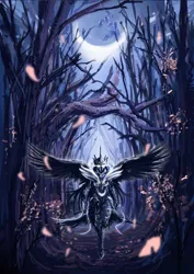 Size: 2059x2912 | Tagged: safe, artist:uzukinokaze, derpibooru import, princess luna, human, g4, armor, badass, female, forest, glow, glowing eyes, humanized, image, jpeg, moon, nature, night, petals, solo, tree, winged humanization, wings