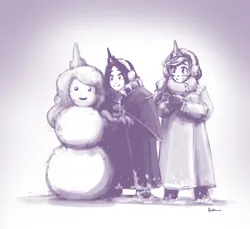 Size: 2480x2269 | Tagged: safe, artist:uzukinokaze, derpibooru import, princess celestia, princess luna, human, clothes, duo, earmuffs, female, gloves, humanized, image, jewelry, jpeg, monochrome, regalia, scarf, snow, snowman, winter outfit