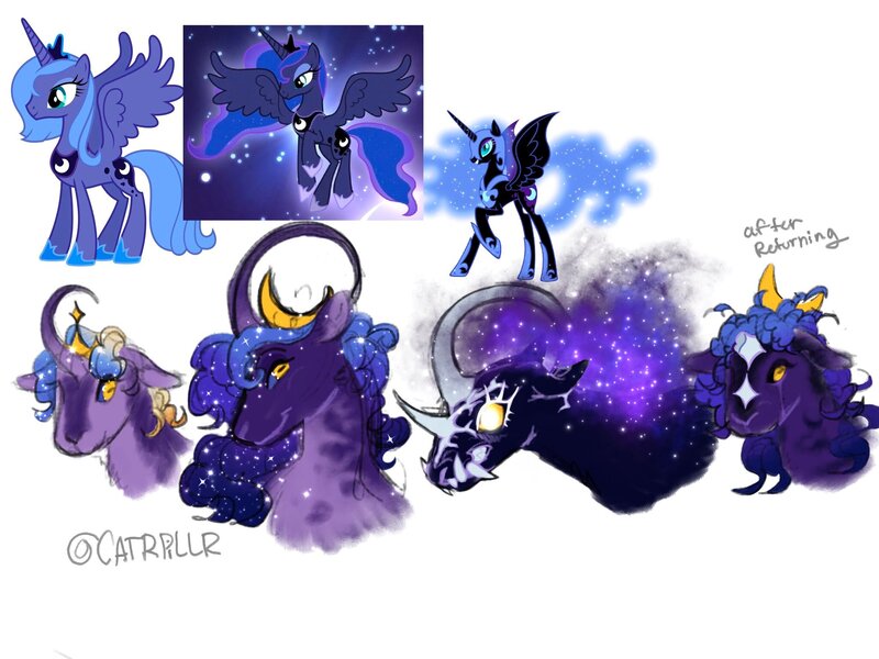 Size: 2048x1535 | Tagged: safe, artist:catrpillr, derpibooru import, screencap, nightmare moon, princess luna, alicorn, goat, pony, g4, bust, crown, curved horn, female, flying, gradient mane, horizontal pupils, horn, image, jewelry, jpeg, mare, moon, regalia, royalty, screencap reference, simple background, solo, solo female, spread wings, white background, wings