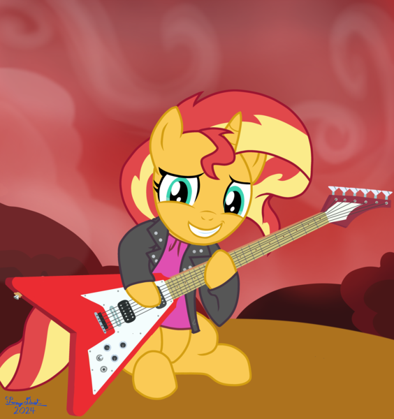 Size: 3759x4000 | Tagged: safe, artist:twiny dust, derpibooru import, sunset shimmer, pony, unicorn, equestria girls, g4, clothes, derpibooru exclusive, electric guitar, female, guitar, horn, image, jacket, leather, leather jacket, mare, musical instrument, my little pony equestria girls: rainbow rocks, png, rainbow rocks 10th anniversary, smiling