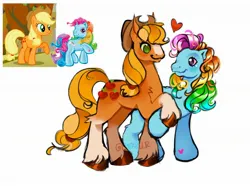 Size: 2048x1535 | Tagged: safe, artist:catrpillr, derpibooru import, applejack, rainbow dash (g3), earth pony, pony, g3, g4, coat markings, cowboy hat, duo, duo female, female, hat, heart, holding hooves, hoof heart, image, jpeg, looking at each other, looking at someone, mare, ponytail, screencap reference, shipping, simple background, socks (coat marking), underhoof, unshorn fetlocks, white background