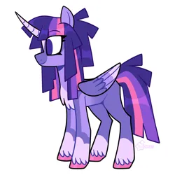 Size: 2048x2048 | Tagged: safe, artist:3ggmilky, derpibooru import, twilight sparkle, twilight sparkle (alicorn), alicorn, pony, g4, alternate hairstyle, alternate tailstyle, bangs, blaze (coat marking), chest fluff, coat markings, colored, colored hooves, colored horn, colored wings, colored wingtips, curved horn, eye clipping through hair, eyebrows, eyebrows visible through hair, eyelashes, facial markings, female, flat colors, folded wings, high res, hooves, horn, image, leg markings, long horn, long mane, long tail, mare, markings, missing cutie mark, no catchlights, no pupils, pink hooves, png, purple coat, purple eyes, purple wingtips, redesign, shiny hooves, shiny mane, shiny tail, signature, simple background, smiling, socks (coat marking), solo, standing, star (coat marking), straight mane, straight tail, tail, three toned mane, three toned tail, three toned wings, two toned wingtips, unicorn horn, unshorn fetlocks, white background, wings