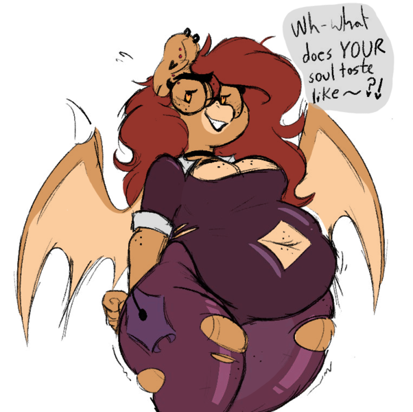 Size: 763x761 | Tagged: suggestive, artist:polofastter, artist:somefrigginnerd, derpibooru import, oc, oc:pencil test, unofficial characters only, anthro, succubus, succubus pony, anthro oc, bat wings, bbw, belly, belly button, belly freckles, big belly, big breasts, boob freckles, breasts, busty oc, chest freckles, choker, cleavage, clothes, dialogue, dot eyes, ear piercing, earring, fat, female, freckles, glasses, heart, heart eyes, image, imminent vore, implied vore, jewelry, looking at you, low angle, offscreen character, pants, piercing, png, pov, simple background, solo, soul vore, succubus oc, talking to viewer, thick eyebrows, thighs, thunder thighs, torn clothes, transparent background, vore, wide hips, wingding eyes, wings