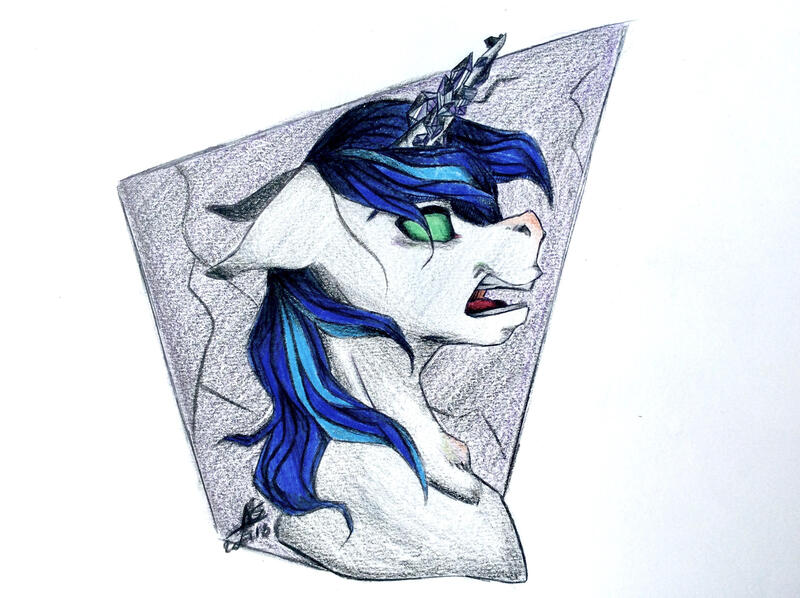 Size: 2592x1936 | Tagged: safe, artist:galaxyscreamer, derpibooru import, shining armor, pony, unicorn, g4, bust, floppy ears, horn, horn crystals, image, jpeg, magic suppression, male, profile, solo, sombra eyes, stallion, traditional art