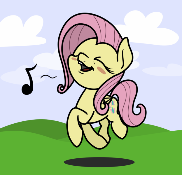 Size: 2048x1968 | Tagged: safe, artist:ewoudcponies, derpibooru import, fluttershy, pegasus, pony, g4, blush sticker, blushing, cute, eyes closed, female, image, mare, music notes, open mouth, open smile, png, shyabetes, smiling, solo, trotting