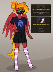 Size: 1821x2478 | Tagged: safe, artist:moonatik, derpibooru import, nightmare moon, oc, oc:moonatik, unofficial characters only, anthro, pegasus, unguligrade anthro, anthro oc, clothes, crossdressing, face mask, glasses, hair bun, image, male, mask, outfit, pegasus oc, png, skirt, socks, solo, striped socks, team fortress 2, wings