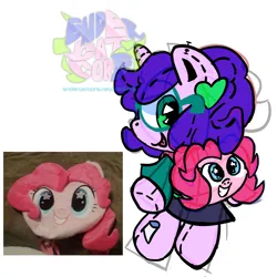 Size: 1482x1482 | Tagged: safe, artist:endercatcore, derpibooru import, pinkie pie, oc, oc:artshine aura, unofficial characters only, anthro, original species, plush pony, pony, unicorn, backpack, glasses, horn, image, plushie, png, ponysona, simple background, sketch, solo, unicorn oc, white background