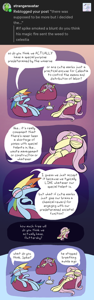 Size: 1024x3257 | Tagged: safe, artist:me-beef, derpibooru import, fluttershy, rainbow dash, spike, dragon, pegasus, pony, g4, beanbag chair, bloodshot eyes, comic, dialogue, drugs, high, image, implied death, joint, male, marijuana, png, speech bubble, trio