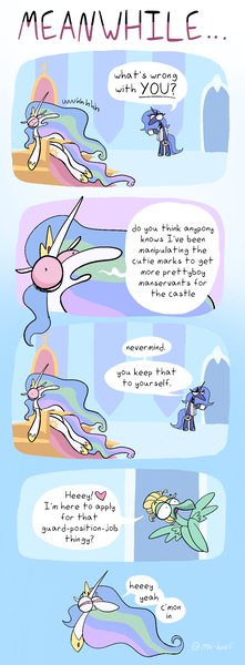 Size: 1024x2779 | Tagged: safe, artist:me-beef, derpibooru import, princess celestia, princess luna, zephyr breeze, alicorn, pegasus, pony, g4, bipedal, bloodshot eyes, coffee mug, comic, dialogue, female, high, image, male, mare, mug, newspaper, png, s1 luna, sitting, speech bubble, stallion, throne, throne room, trio