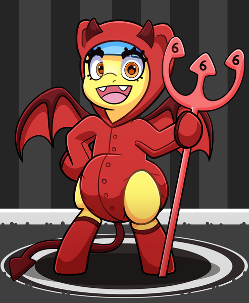 Size: 3066x3730 | Tagged: safe, artist:duckie, derpibooru import, oc, oc:bubble "duckie" bath, unofficial characters only, pegasus, pony, abdl, bat wings, bipedal, clothes, devil, devil horns, devil tail, fangs, hoodie, hoof on hip, horns, image, implied diaper, looking at you, onesie, open mouth, pitchfork, png, rug, socks, solo, tail, wings