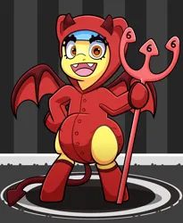 Size: 3066x3730 | Tagged: safe, artist:duckie, derpibooru import, oc, oc:bubble "duckie" bath, unofficial characters only, pegasus, pony, abdl, bat wings, bipedal, clothes, devil, devil horns, devil tail, fangs, hoodie, hoof on hip, horns, image, implied diaper, looking at you, onesie, open mouth, pitchfork, png, rug, socks, solo, tail, wings