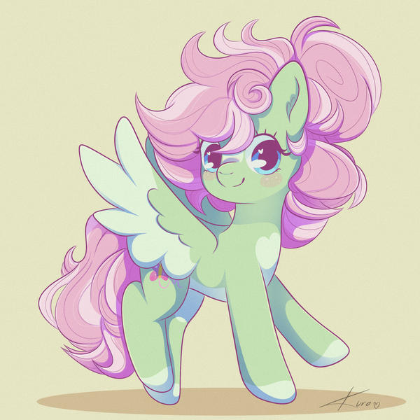 Size: 2048x2048 | Tagged: safe, artist:kuroartss, derpibooru import, fluttershy, pegasus, pony, g4, alternate coat color, alternate color palette, alternate design, blush sticker, blushing, colored hooves, colored wings, colored wingtips, green background, heart, heart eyes, hooves, image, looking at you, pale belly, png, redesign, signature, simple background, smiling, smiling at you, solo, spread wings, wingding eyes, wings