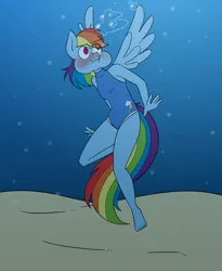 Size: 2300x2800 | Tagged: safe, artist:aquaglubs, derpibooru import, rainbow dash, anthro, pegasus, athletic, blushing, bubble, cheeks, clothes, female, flapping wings, holding breath, image, looking up, ocean, one-piece swimsuit, png, sand, solo, solo female, spread wings, swimming, swimsuit, underwater, water, wings