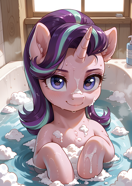 Size: 1778x2496 | Tagged: safe, ai content, derpibooru import, machine learning generated, prompter:bluetoothworld, starlight glimmer, pony, unicorn, g4, bathtub, female, foam, horn, image, indoors, looking at you, mare, png, sitting, smiling, smiling at you, solo, solo female, water, wet, window