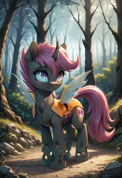 Size: 800x1169 | Tagged: safe, ai content, derpibooru import, machine learning generated, prompter:gregorymars, stable diffusion, scootaloo, changeling, pony, g4, changelingified, cutie mark on changeling, female, forest, generator:pony diffusion v6 xl, image, jpeg, mare, nature, outdoors, scootaling, solo, species swap, tree