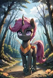 Size: 800x1169 | Tagged: safe, ai content, derpibooru import, machine learning generated, prompter:gregorymars, stable diffusion, scootaloo, changeling, pony, g4, changelingified, cutie mark on changeling, female, forest, generator:pony diffusion v6 xl, image, jpeg, mare, nature, outdoors, scootaling, solo, species swap, tree